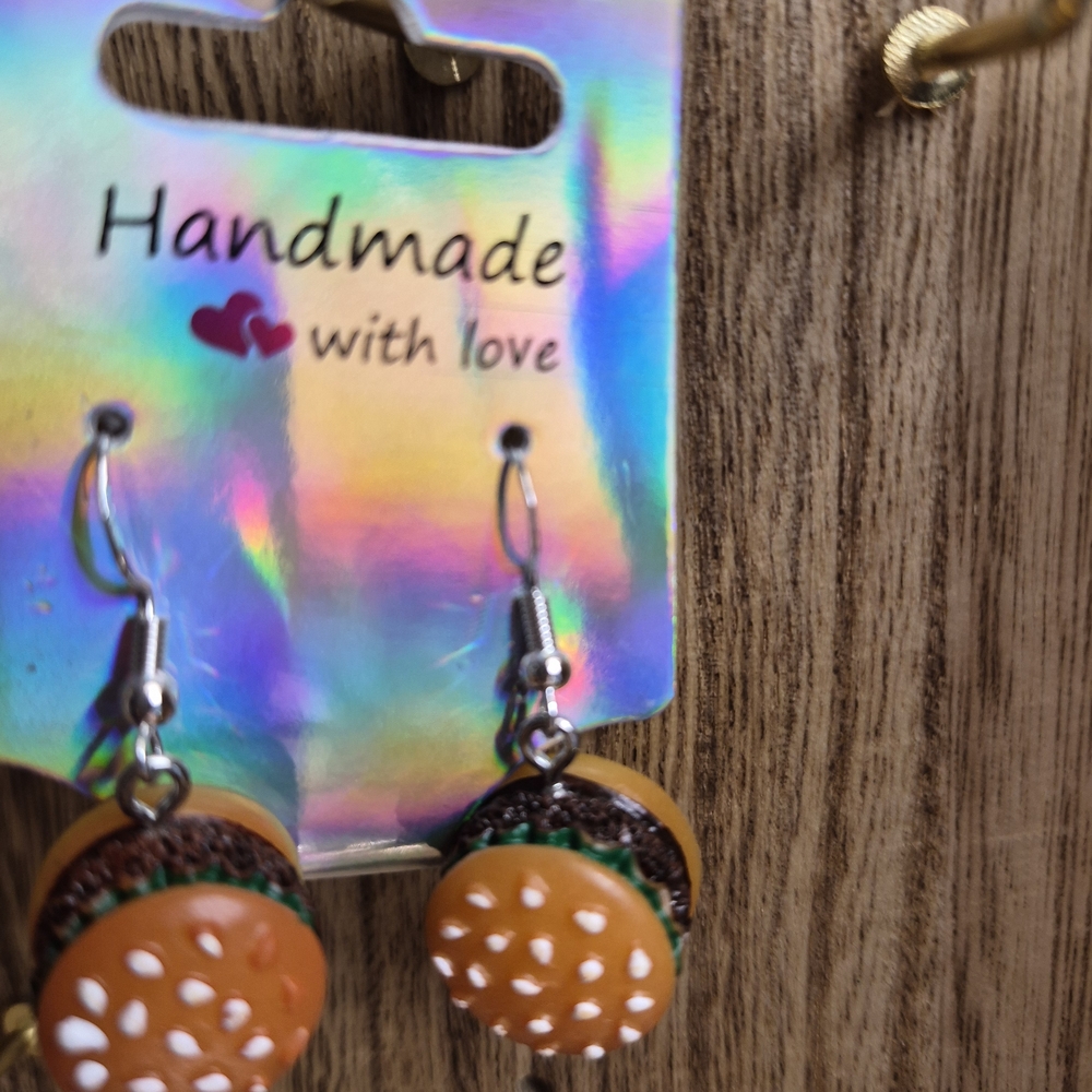 Handmade Burger Earrings - Brown and Green